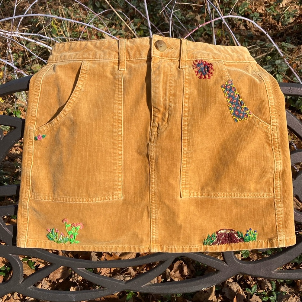 Corduroy skirt upcyled hand embroidered